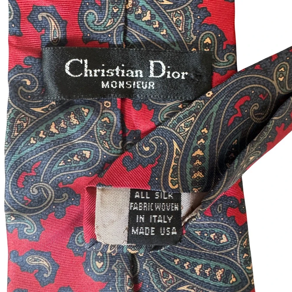 Christian Dior‎ Monsieur Tie Paisley Silk Red Navy Blue Vintage Designer Italy